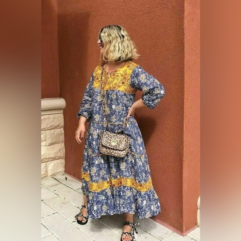 Zara Blue and Yellow Floral Long Sleeve Dress